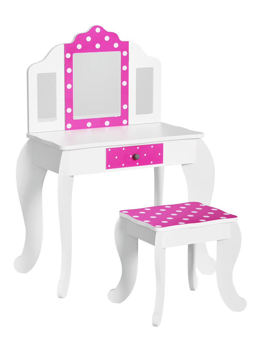 Keezi Kids Pink And White Polka Dot Wooden Vanity Table With Chair - Main Image