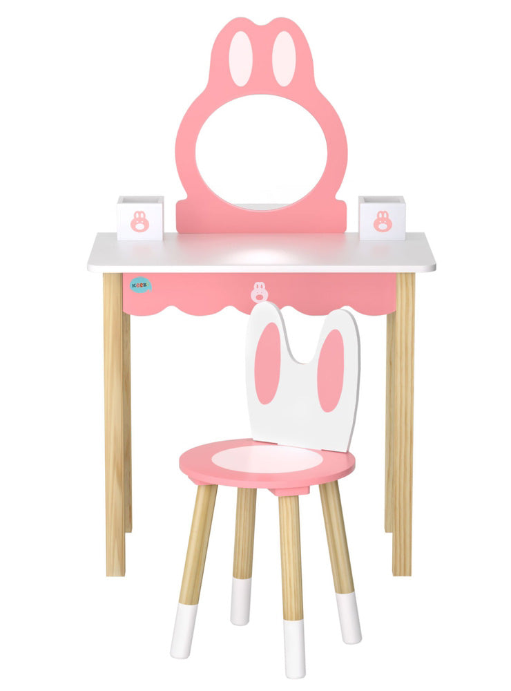 Keezi Kids Pink And White Wooden Bunny Makeup Table And Chair - Front Image