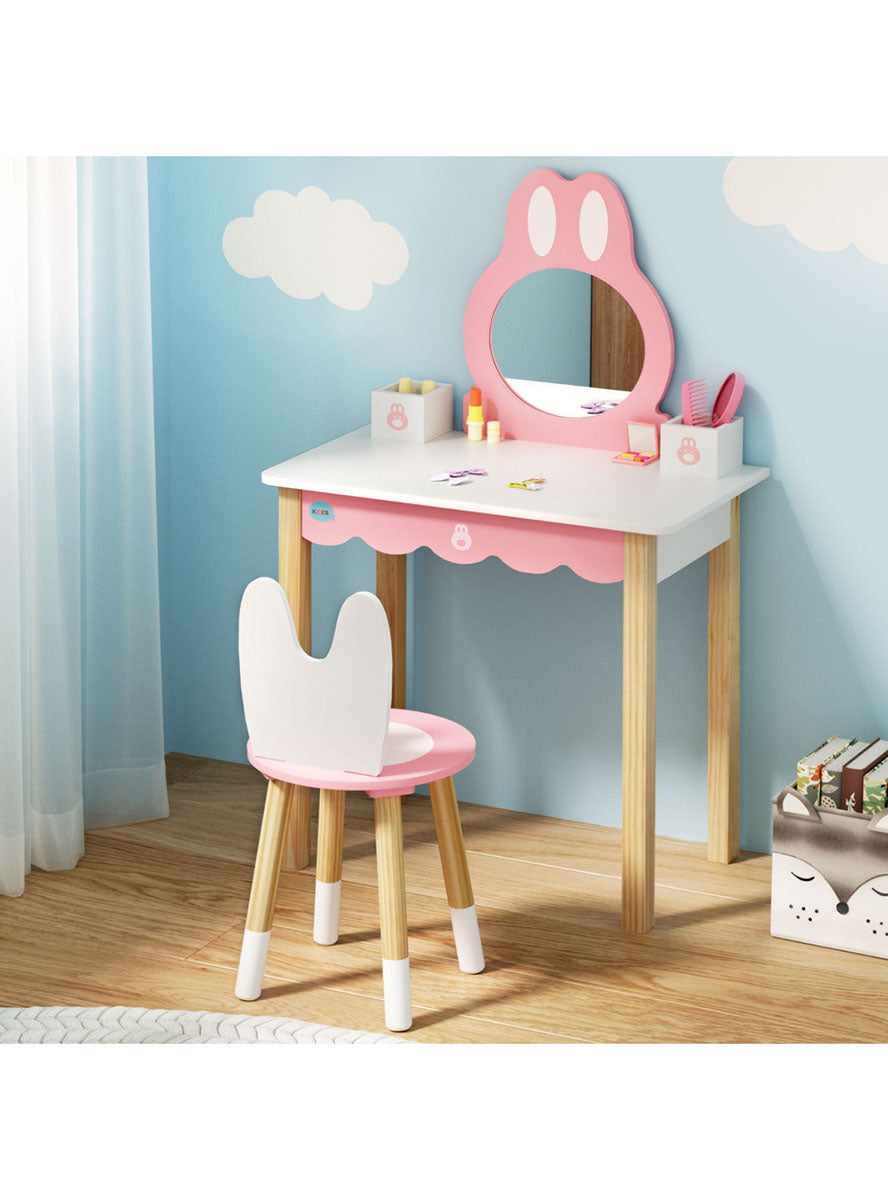 Keezi Kids Pink And White Wooden Bunny Makeup Table And Chair - Lifestyle Image