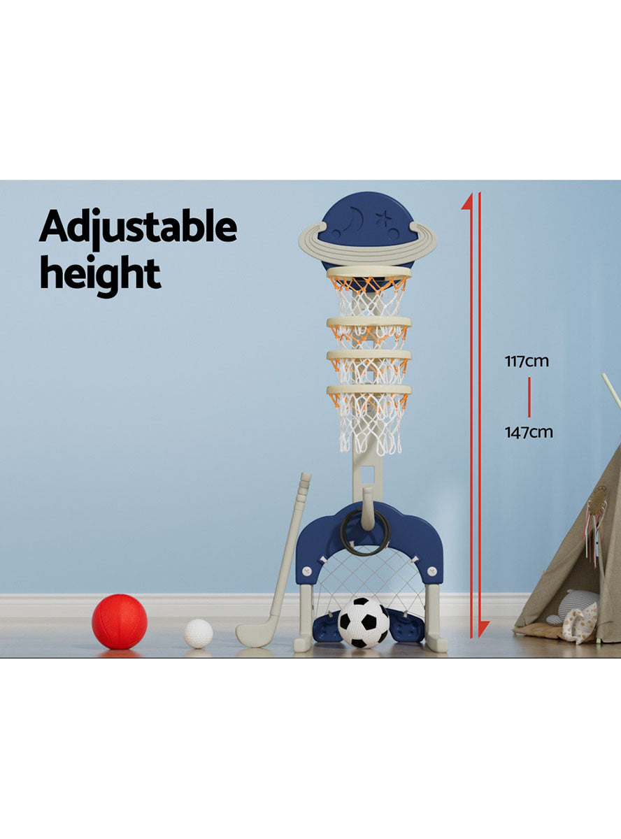 Keezi Kids Space Theme Blue 5 In 1 Sports Set With Adjustable Basketball Hoop - Info Image 3