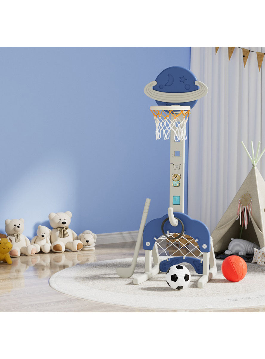 Keezi Kids Space Theme Blue 5 In 1 Sports Set With Adjustable Basketball Hoop - Lifestyle Image