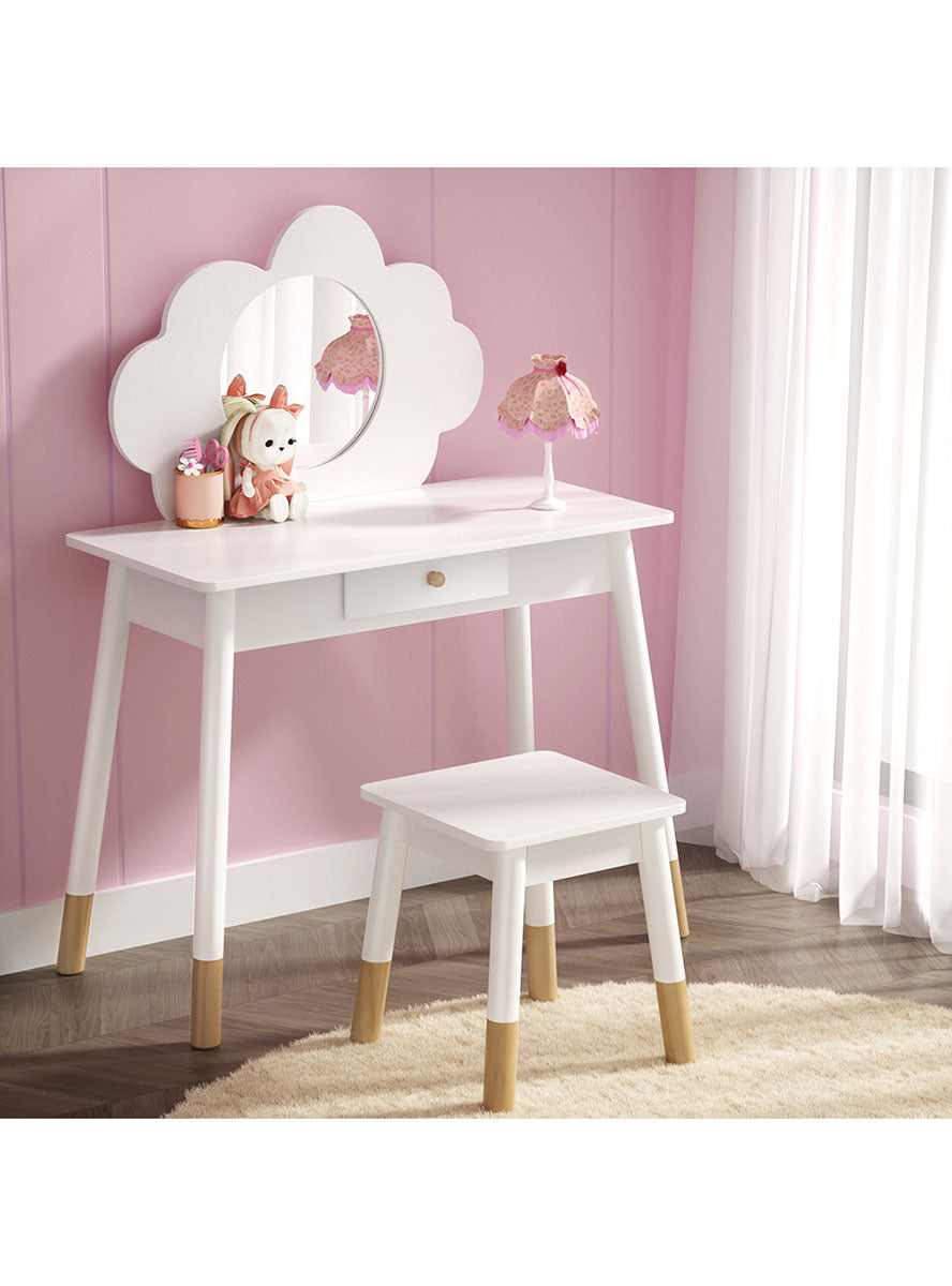 Keezi Kids White Cloud Wooden Vanity Table With Chair - Lifestyle Image
