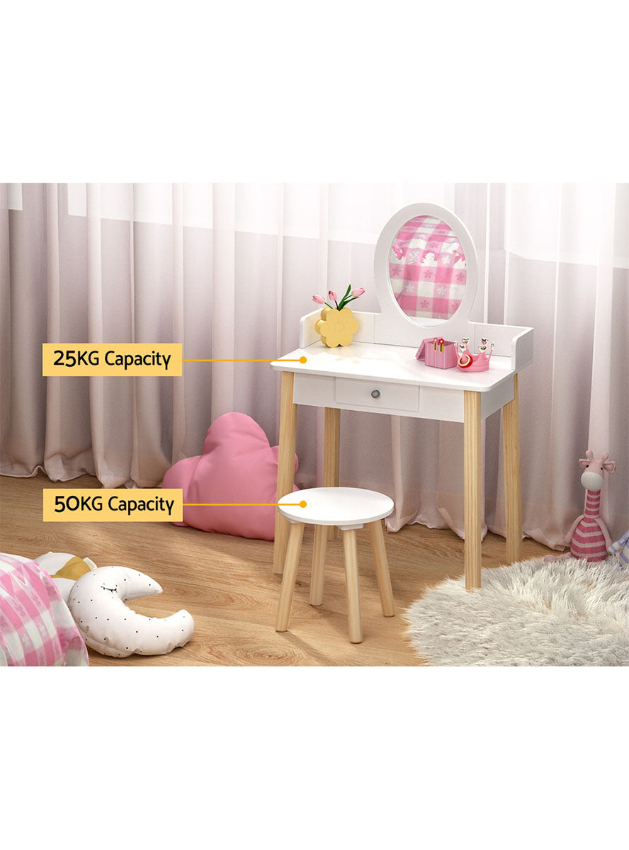 Keezi Kids Wooden White Makeup Table With Stool And Round Mirror - Info Image 1