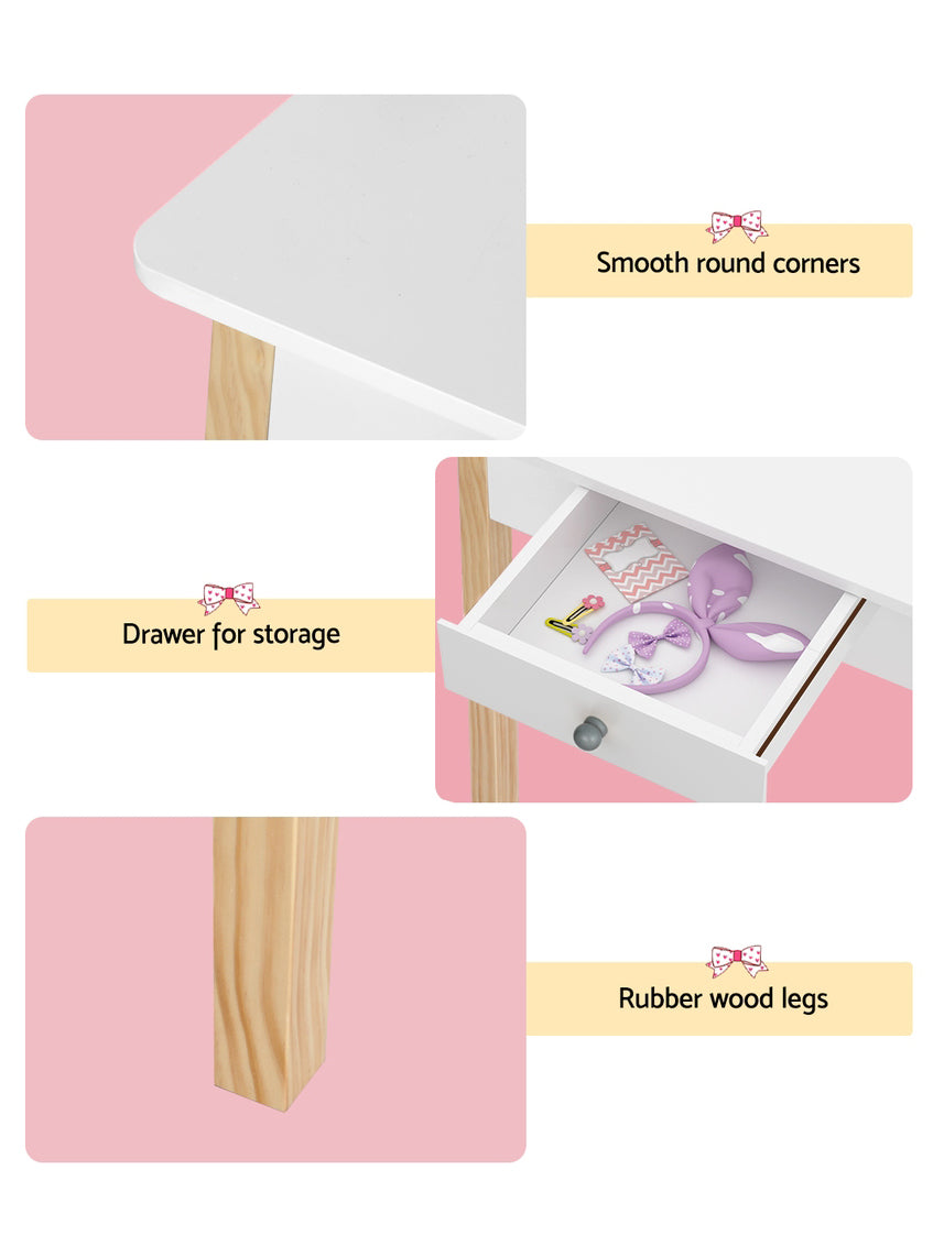 Keezi Kids Wooden White Makeup Table With Stool And Round Mirror - Info Image 3