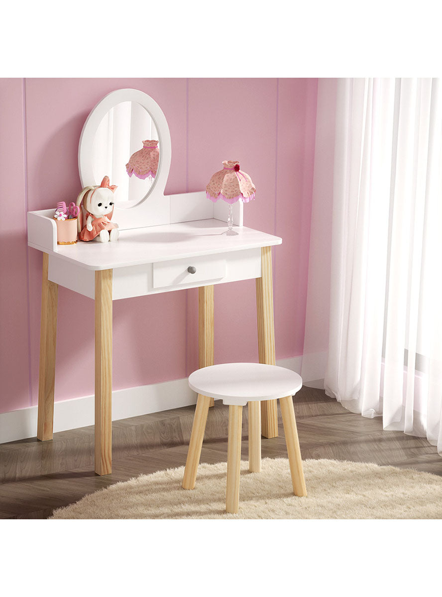 Keezi Kids Wooden White Makeup Table With Stool And Round Mirror - Lifestyle Image
