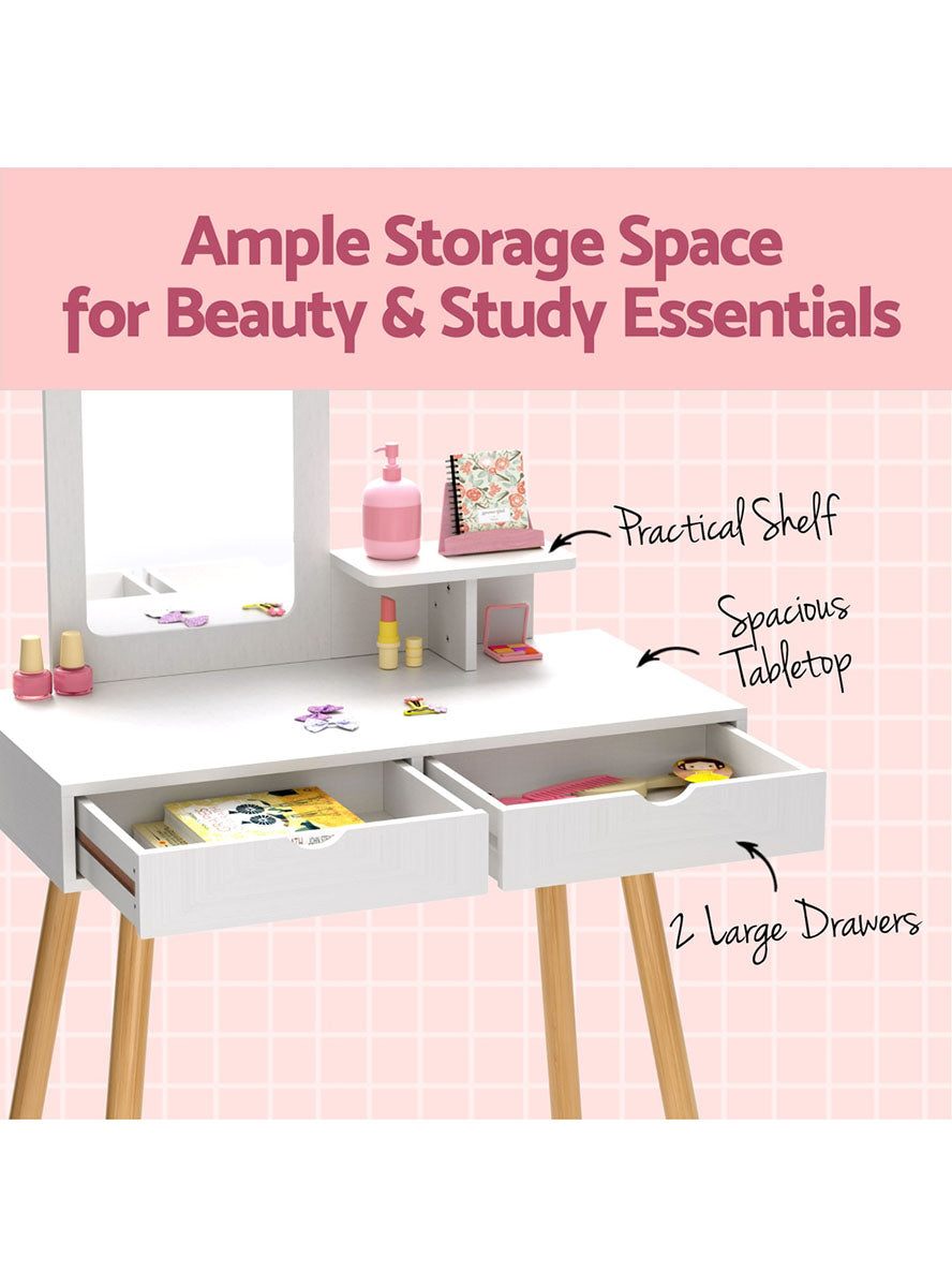 Keezi Kids Wooden White Makeup Table With Stool - Info Image 1