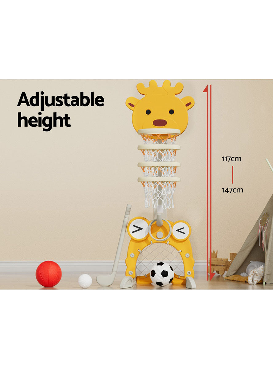 Keezi Kids Yellow Giraffe 5 In 1 Sports Set With Adjustable Basketball - Info Image 1