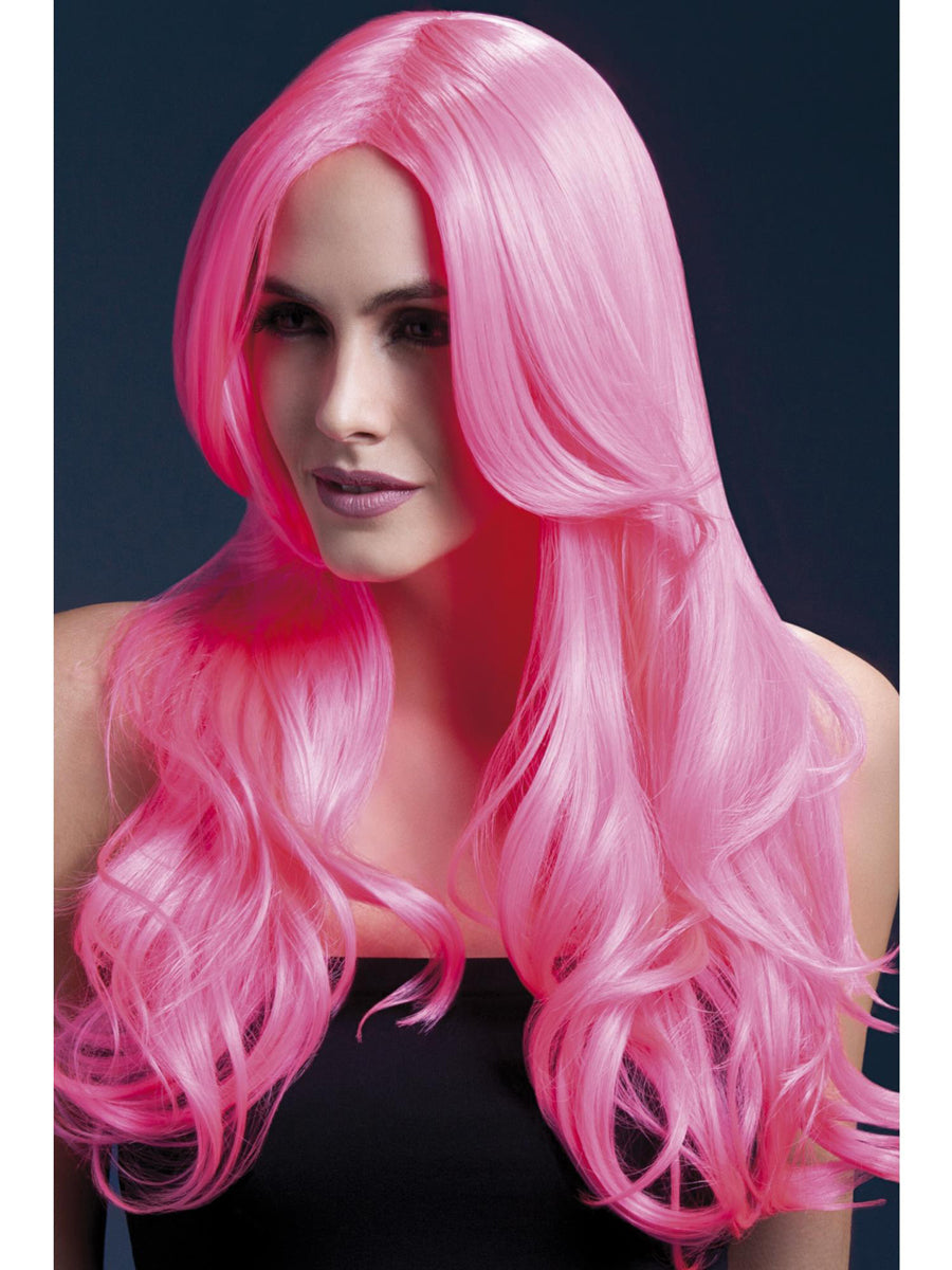 Neon Pink Womens Deluxe Heat Resistant Wavy Fashion Wig - Main Image