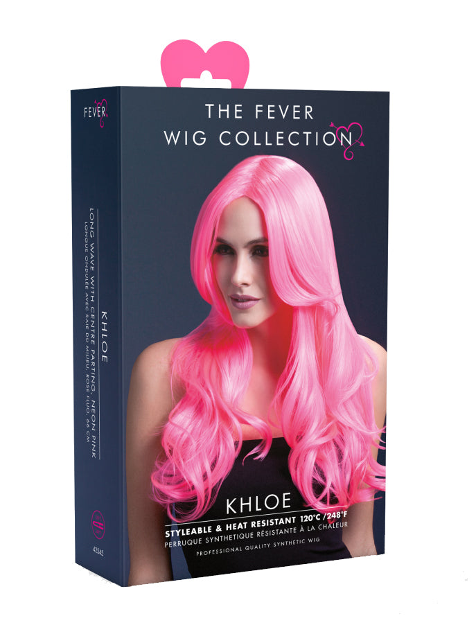 Neon Pink Womens Deluxe Heat Resistant Wavy Fashion Wig - Packaging Image