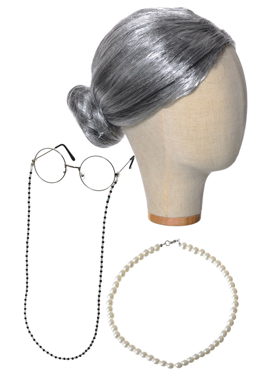 Image of Old Lady Girls Wig Glasses And Necklace Costume Accessory Set