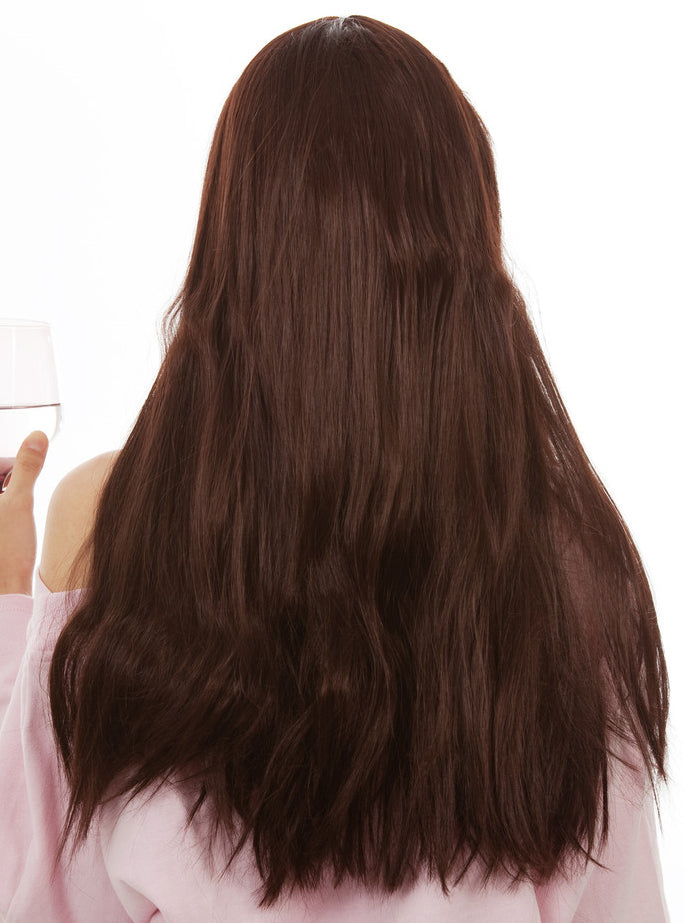 Kimmy Womens Long Brown Costume Wig with Fringe - Back Image