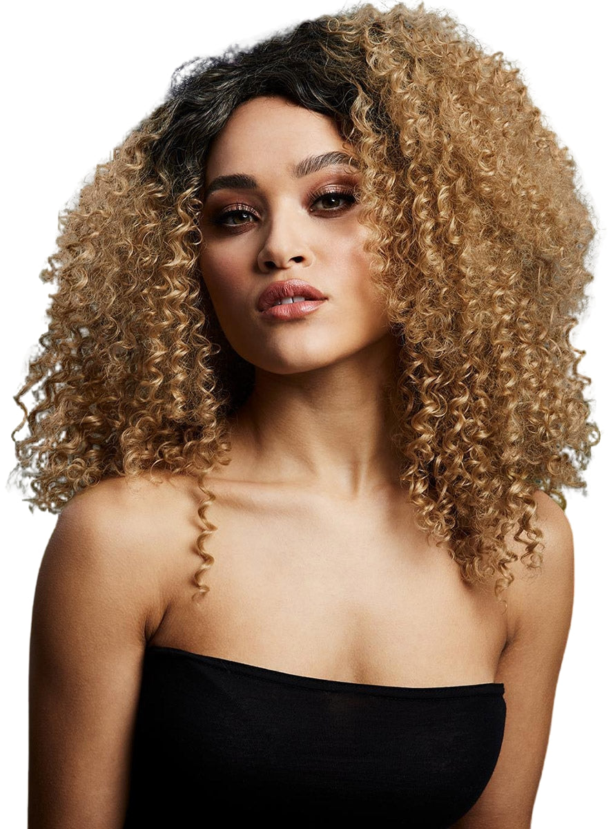 Deluxe Lizzo Womens Curly Caramel Brown Wig - Main Image