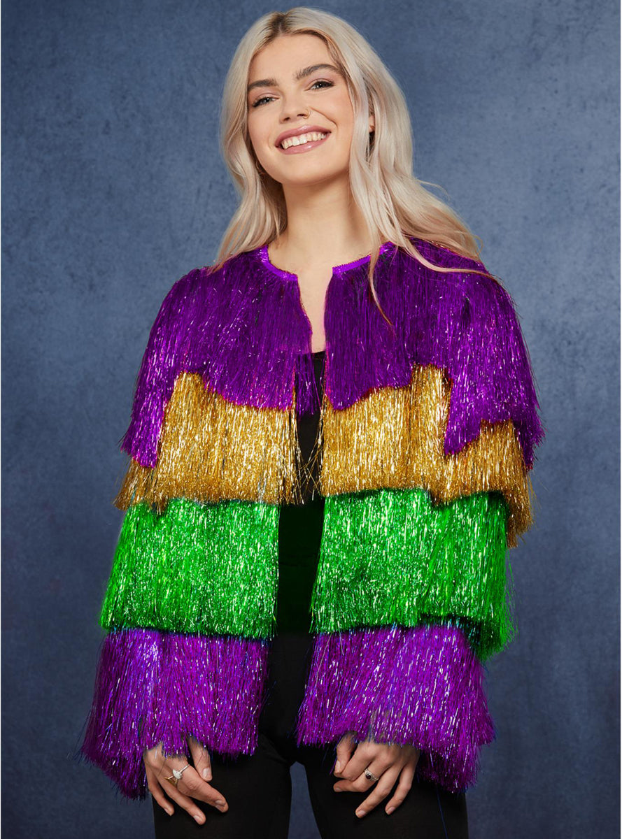Purple Gold And Green Womens Mardi Gras Tassel Festival Costume Jacket - Alternative Image