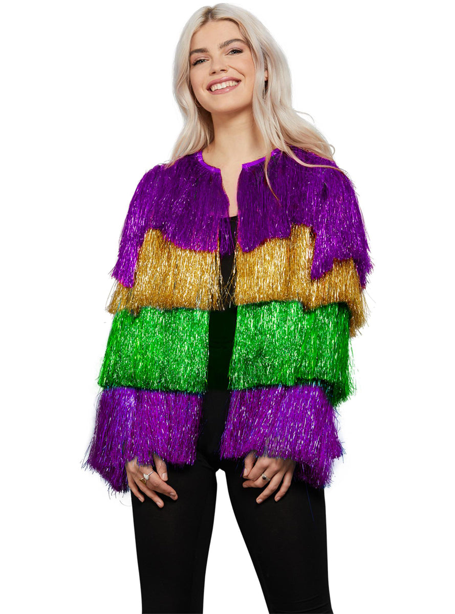 Purple Gold And Green Womens Mardi Gras Tassel Festival Costume Jacket - Main Image