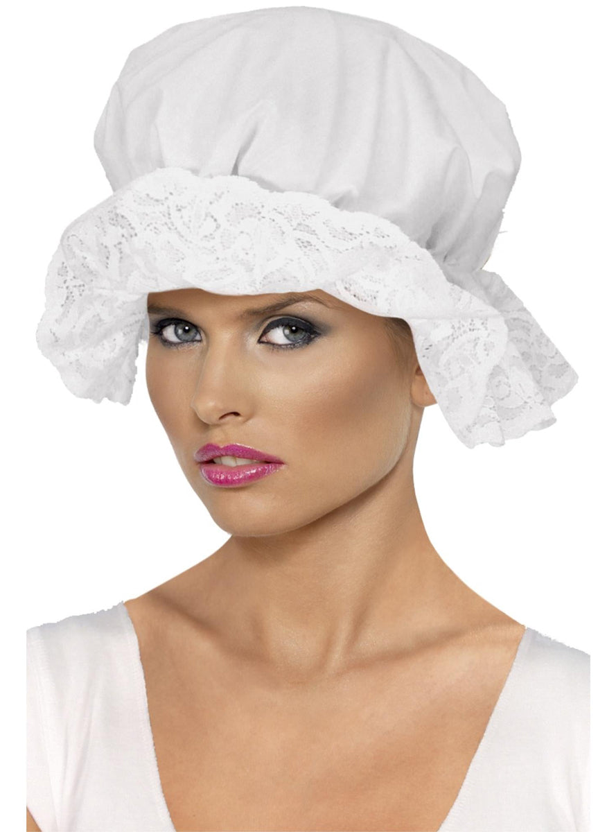 White Mop Cap Costume Hat with Lace Trim