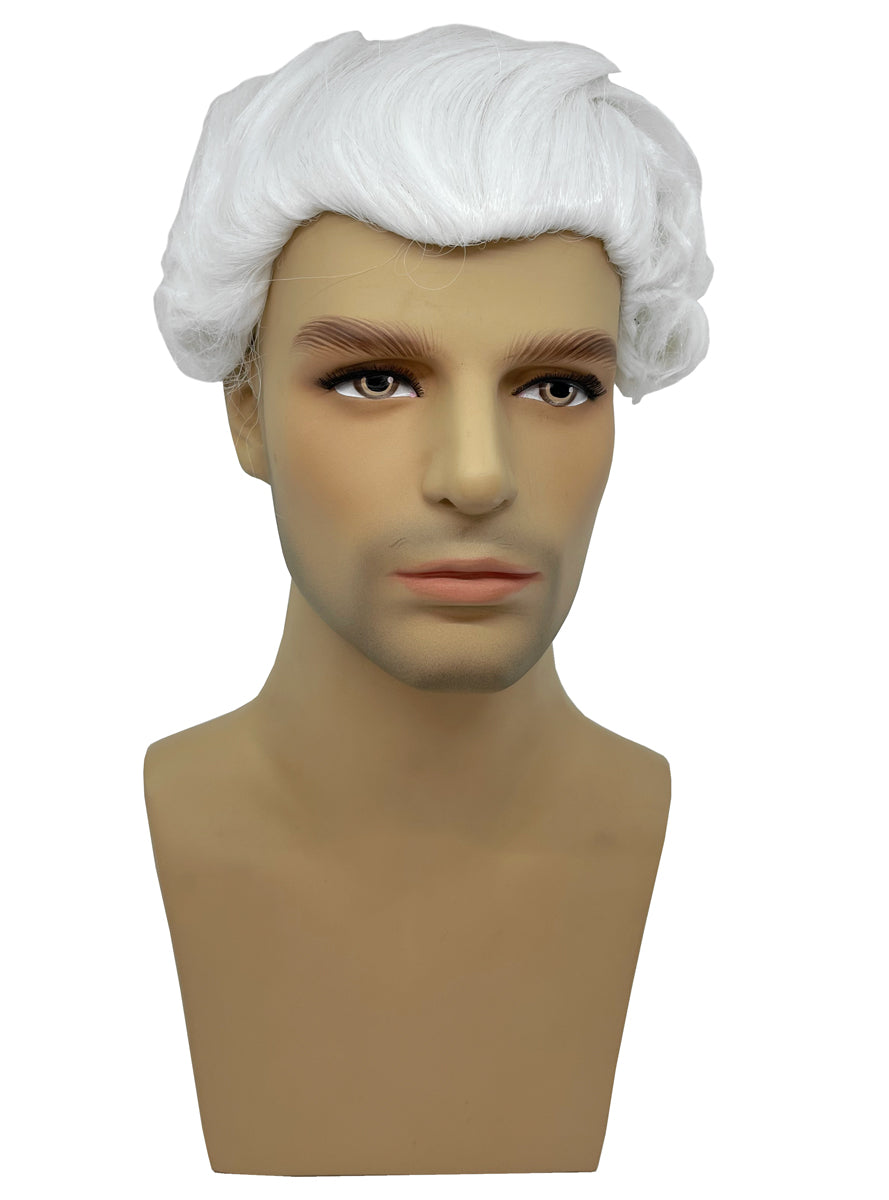 Mens White Colonial Costume Wig With Ponytail - Front Image