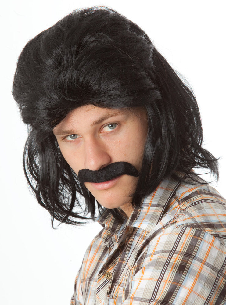 Mens Black 80s Mullet And Moustache Costume Wig Set - Alternative Image 1