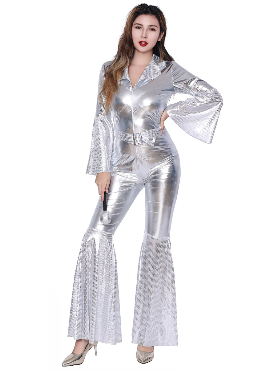 Shiny Metallic Silver 1970s Womens Disco Jumpsuit Costume - Alternative Image