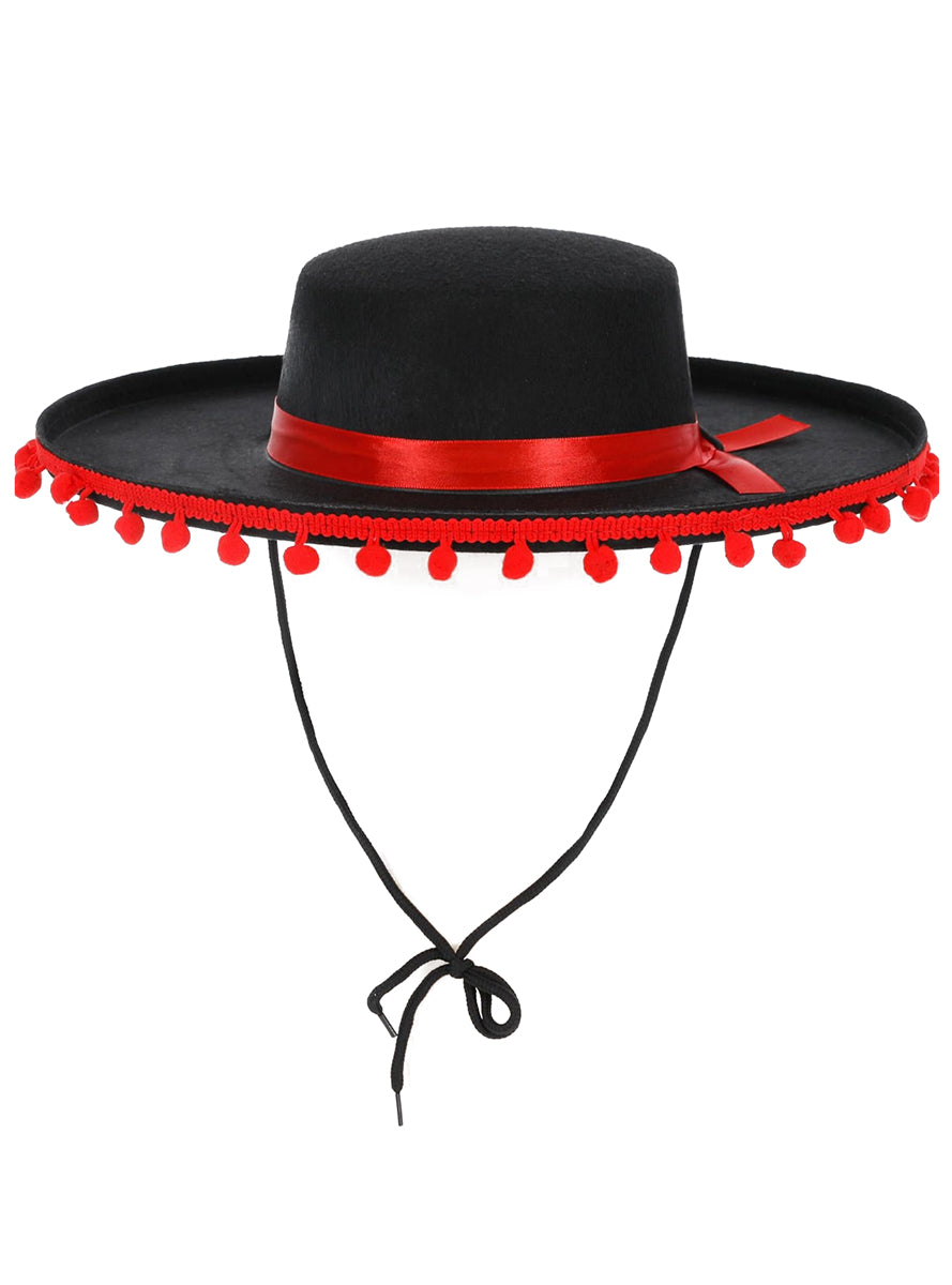 Red and Black Mexican Day of the Dead Hat with Pom Pom Trim - Alternate Image