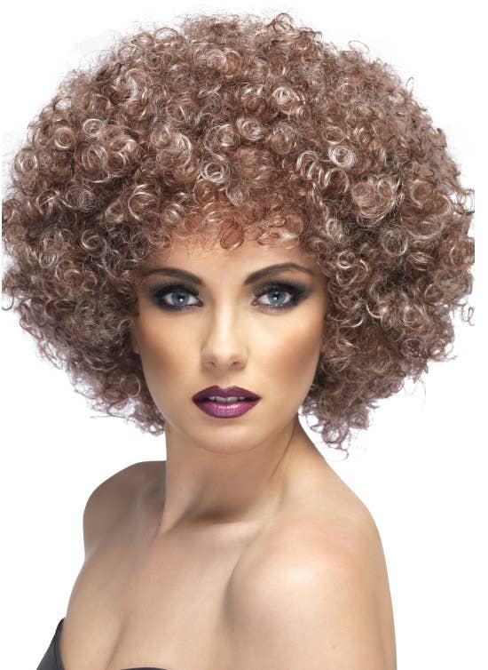 Women's Natural Brown 1970s Afro Costume Wig with Tight Curls and Highlights - Main Image
