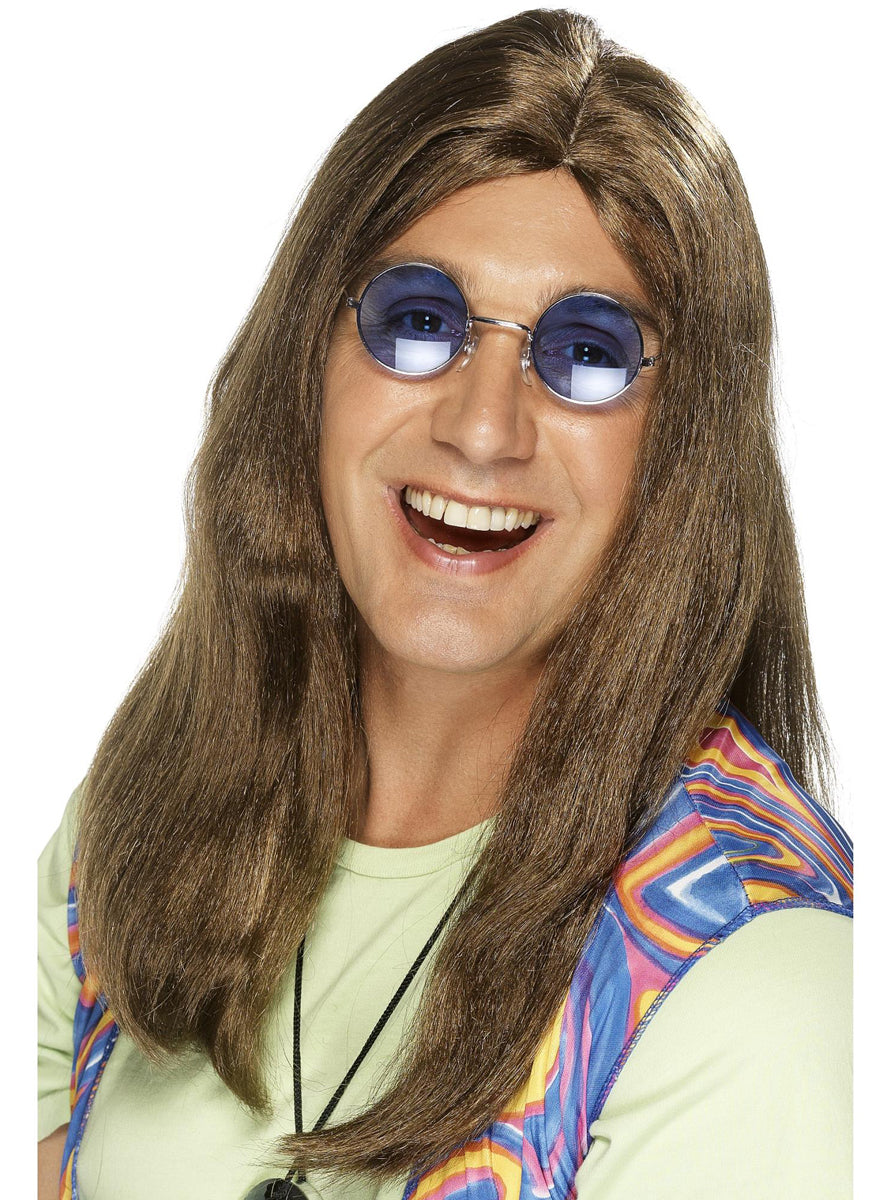70s Hippie Mens Long Brown Costume Wig - Main Image