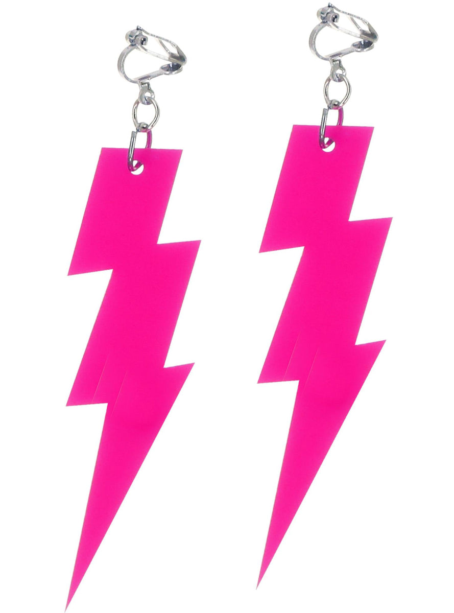Neon Pink Lightning Bolt 80s Earrings - Alternative Image