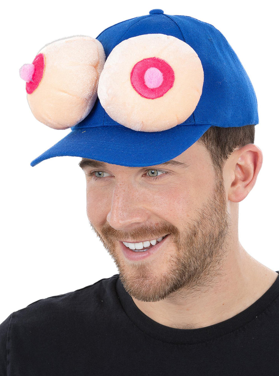 Novelty Blue Mens Bucks Party Hat with Plush Boobs Attached - Main Image