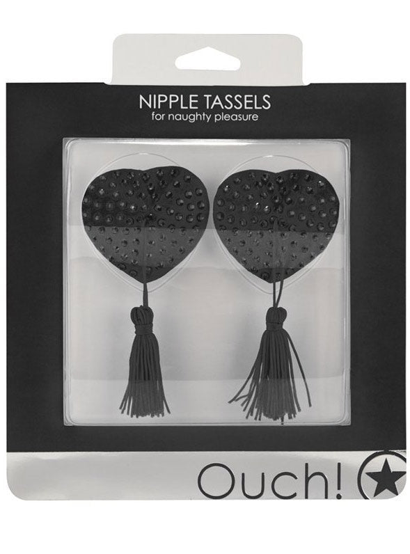 Ouch Black Heart Shaped Nipple Pasties with Black Rhinestones and Black Tassels - Packaging Image