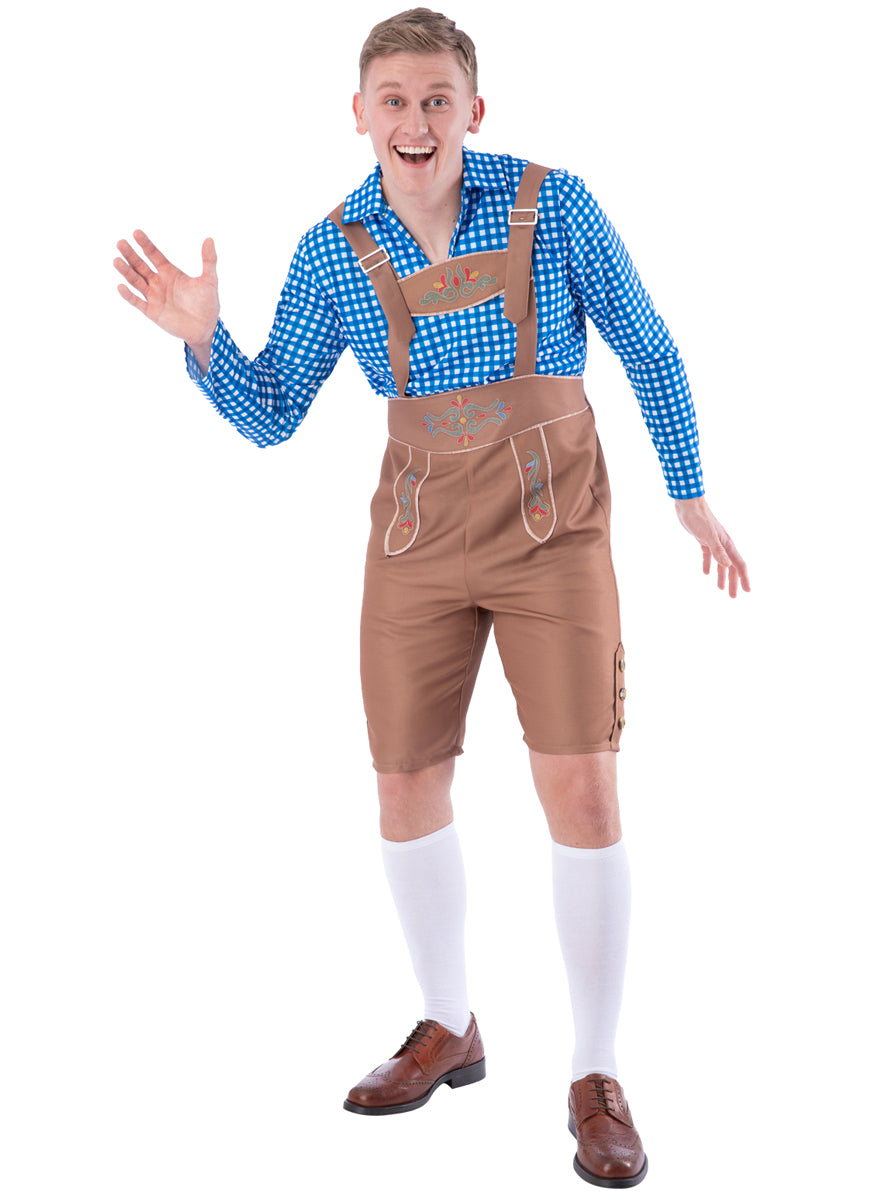 Brown And Blue German Lederhosen Mens Costume - Alternative Image 1