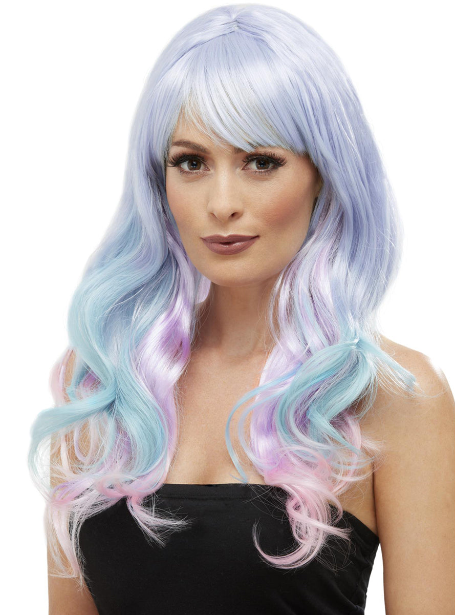 Pastel Unicorn Womens Purple Pink And Blue Ombre Costume Wig With Fringe - Main Image