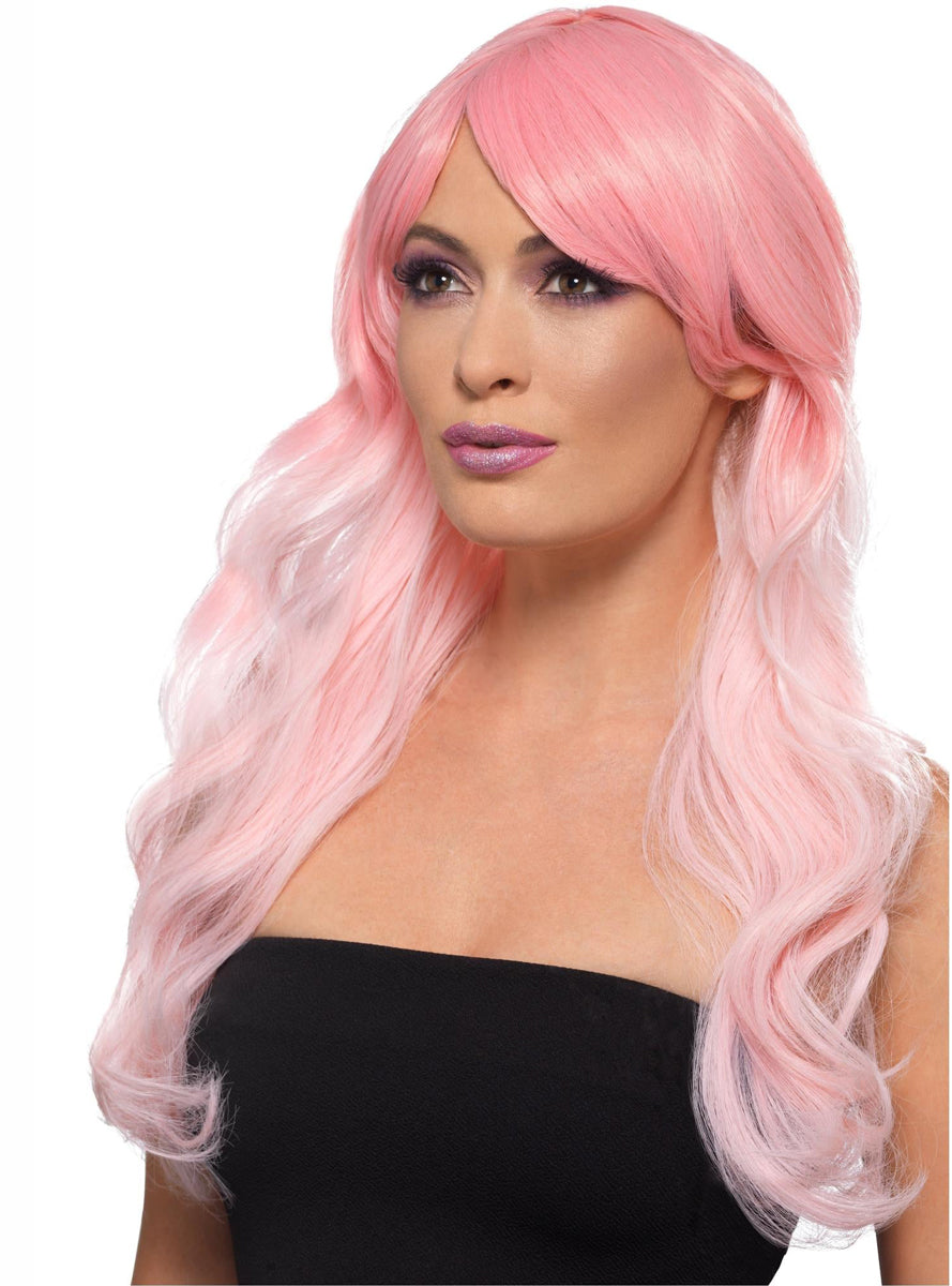 Ombre Pink Womens Wavy costume Wig With Side Fringe - Main Image