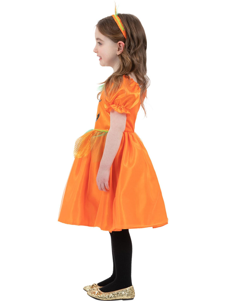 Toddler Girls Orange Halloween Pumpkin Dress - Side Image