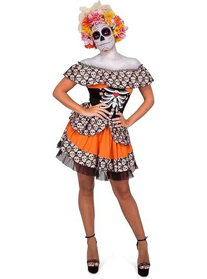 Orange Day of The Dead Womens Sugar Skull Costume - Alternate Image