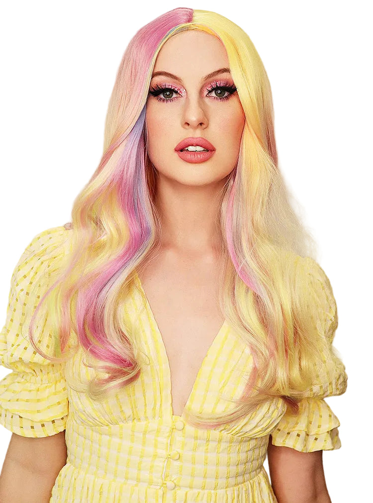 Pastel Rainbow Womens Deluxe Long Wavy Fashion Wig - Alternative Image
