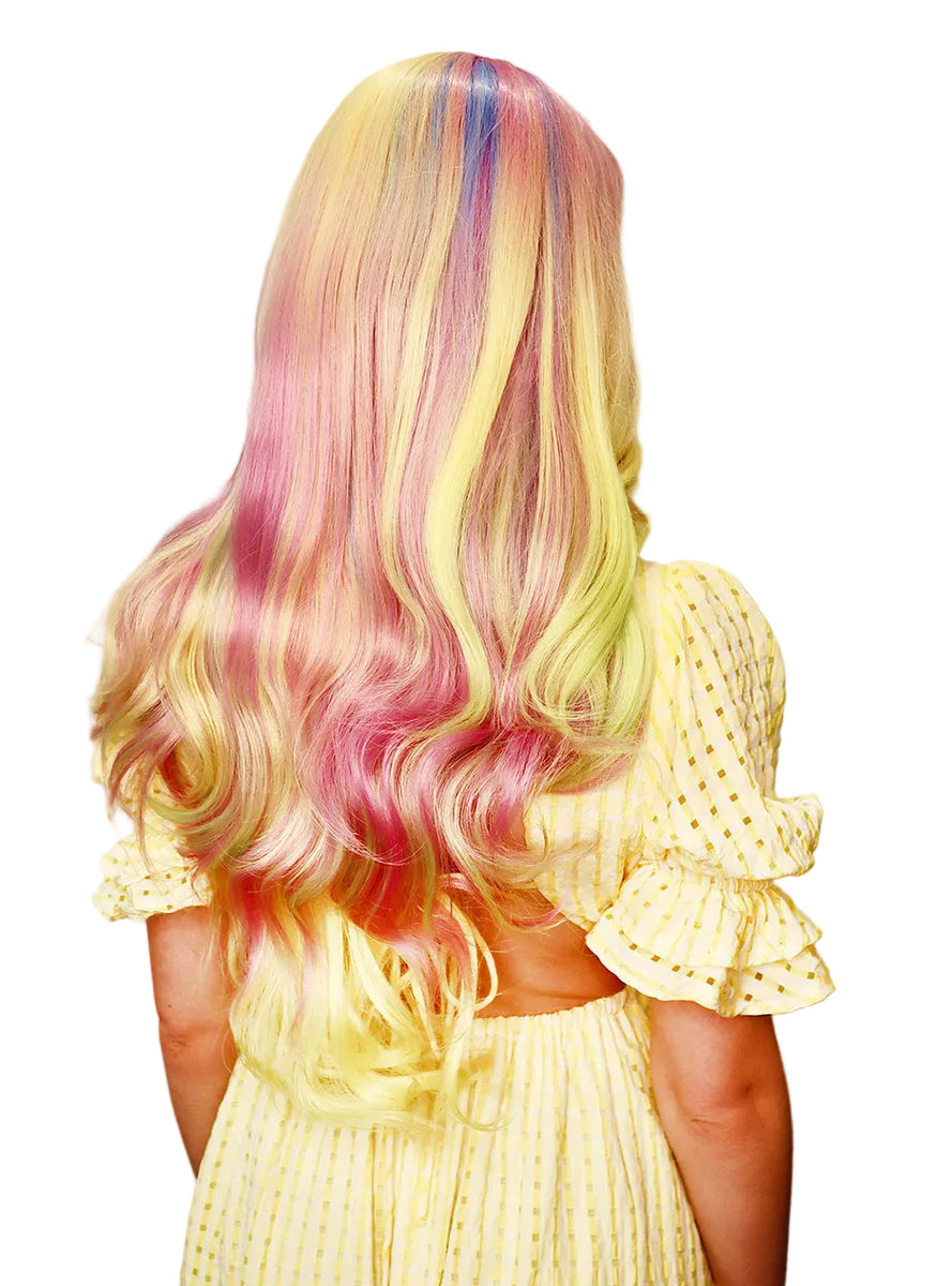 Pastel Rainbow Womens Deluxe Long Wavy Fashion Wig - Back Image