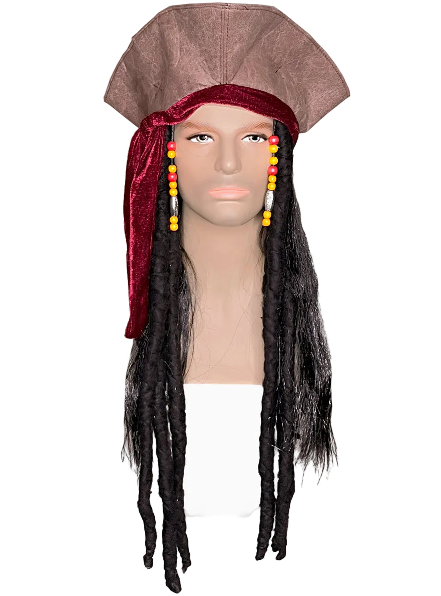 Mens Brown Suede Look Pirate Costume Hat With Dreadlocks - Main Image