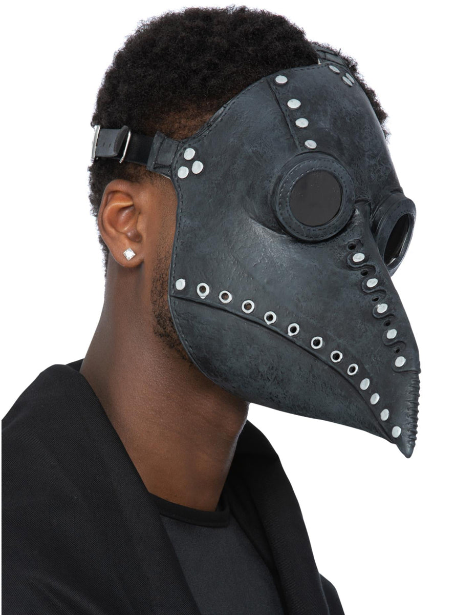 Black Latex Mens Plague Doctor Halloween Costume Mask - Main Image