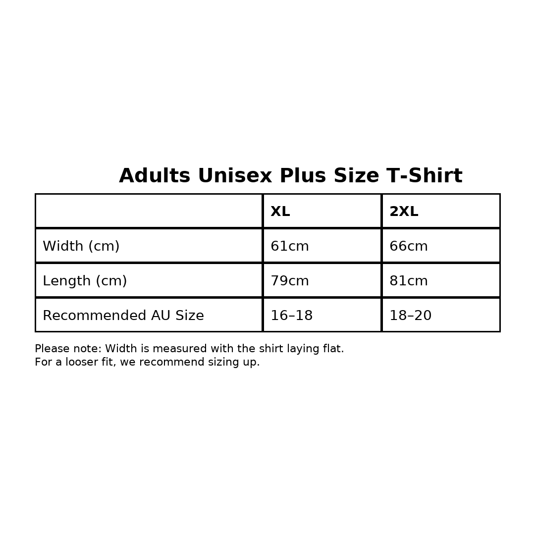 Plus Size T-Shirts Size Chart XL and 2XL