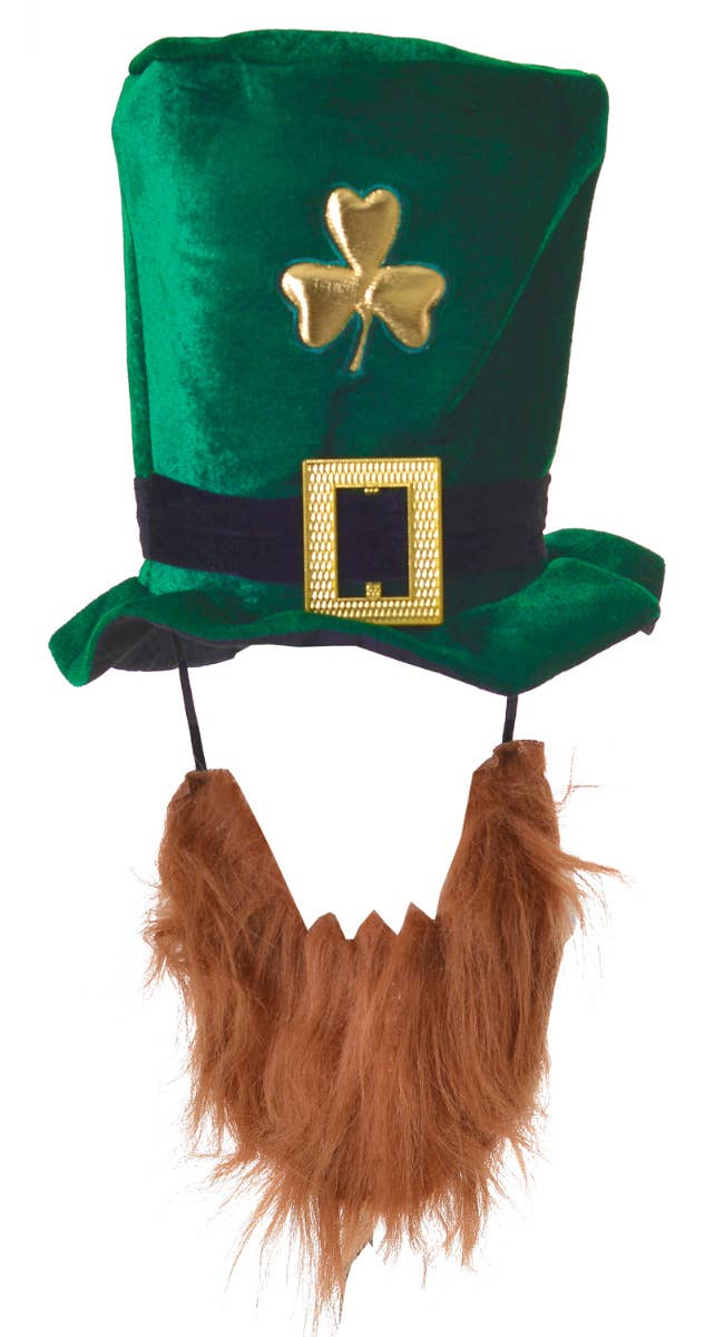 Velvet Green Leprechaun Adult's St Patrick's Day Hat with Attached Beard Main Image