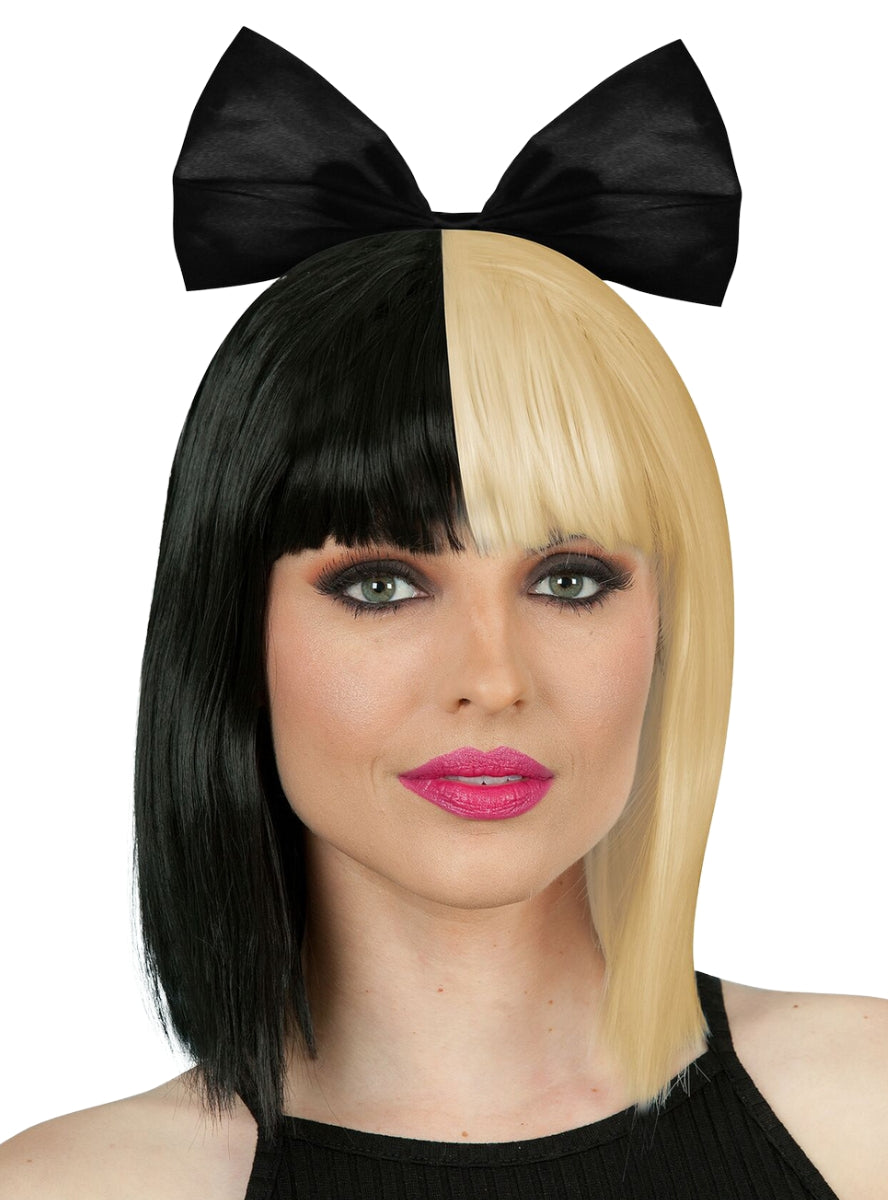 Pop Empress Womens Black And Blonde Costume Wig With Bow - Main Image