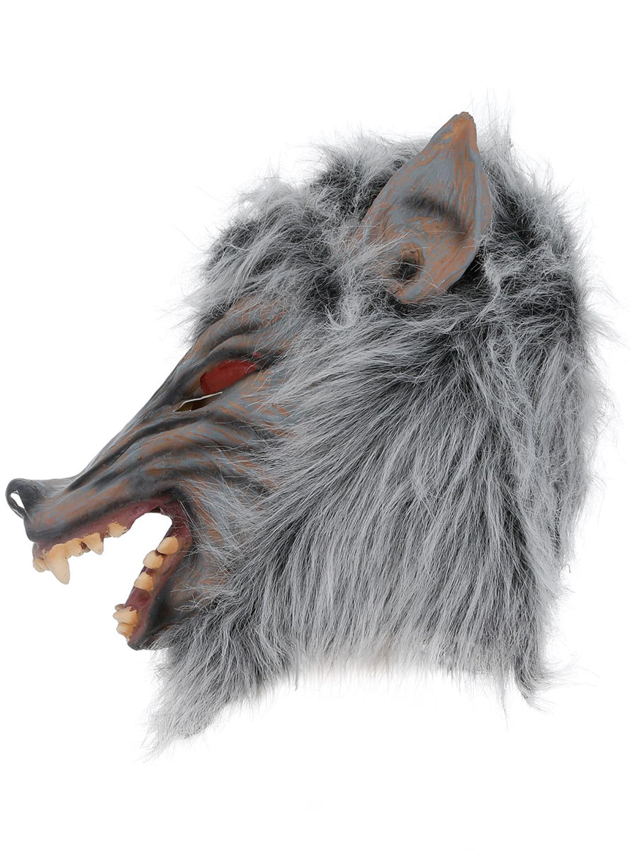 Grey Mens Full Head Latex Halloween Wolf Mask - Side Image