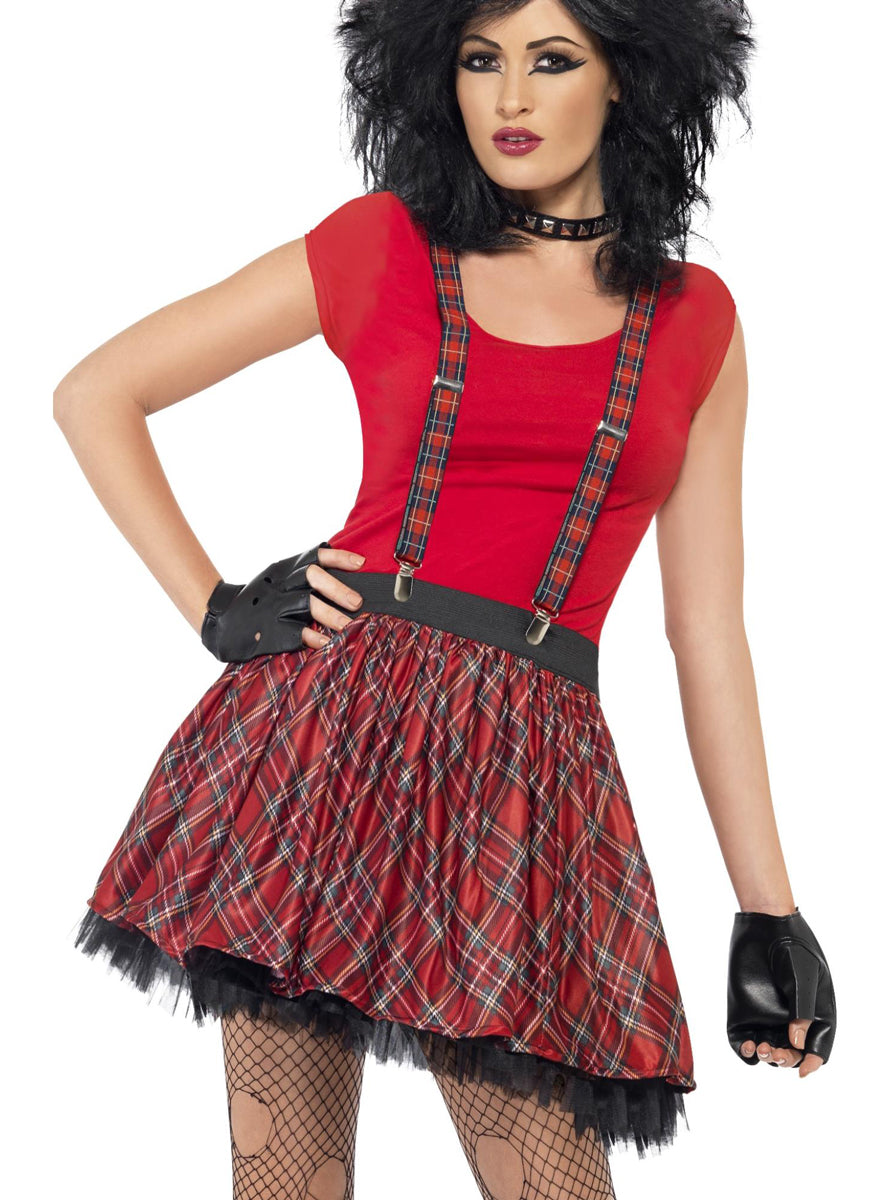 90s Punk Rocker Womens Red Tartan Skirt Gloves and Suspenders Costume Accessory Set - Main Image