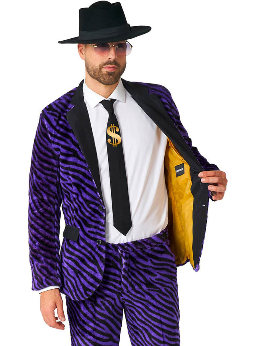 Inside Jacket Image of Purple Zebra Print Mens Pimp Costume Suit