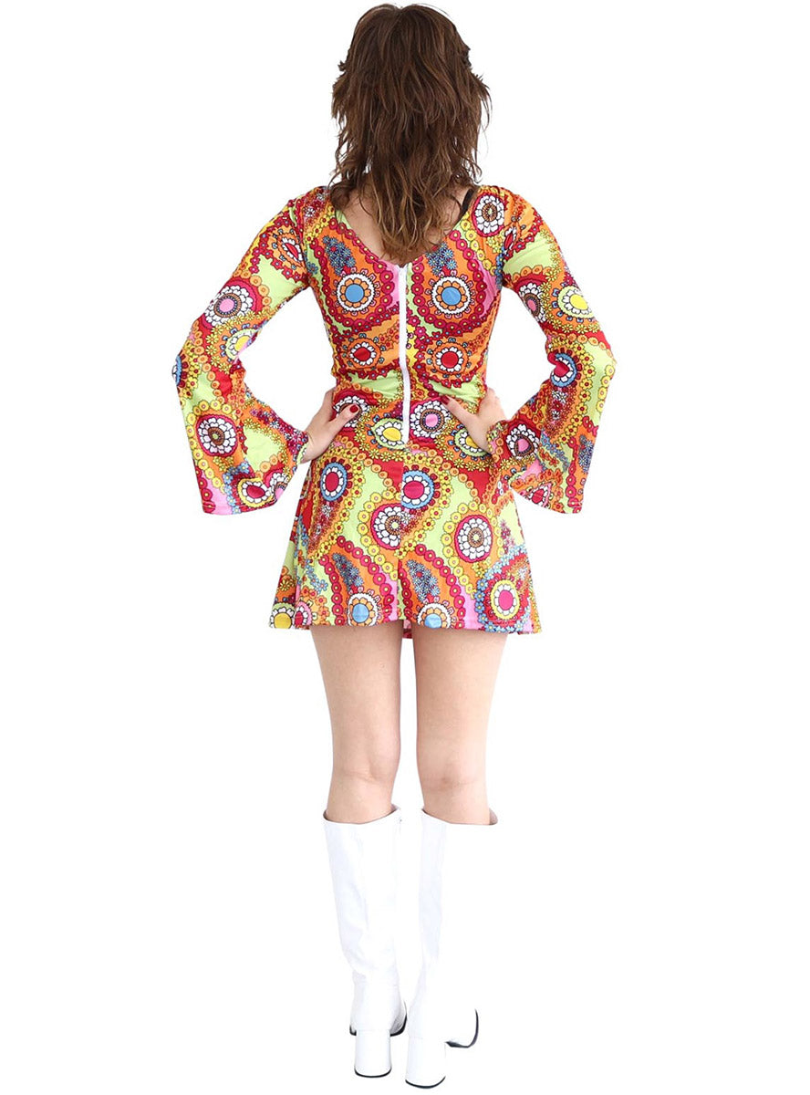60s Paisley Print Womens Rainbow Hippie Costume - Back Image