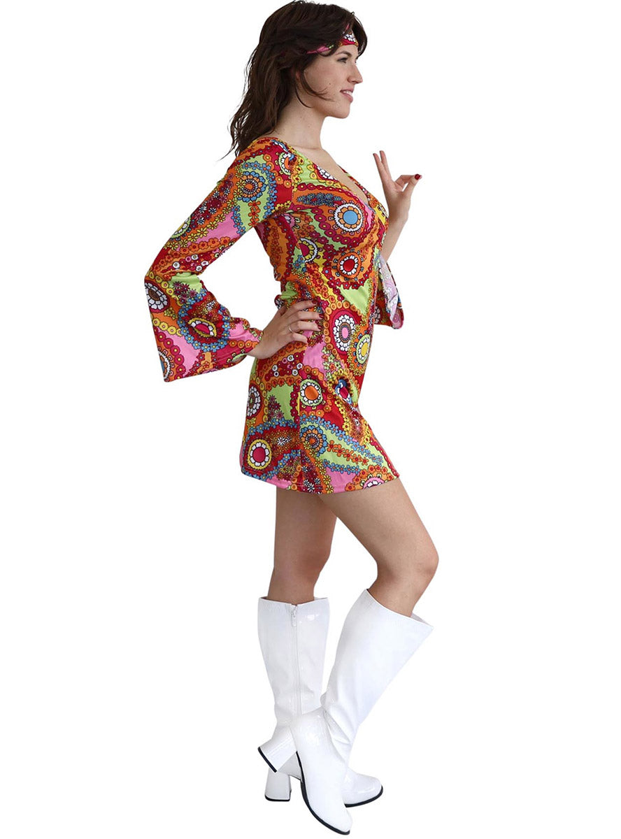 60s Paisley Print Womens Rainbow Hippie Costume - Side Image