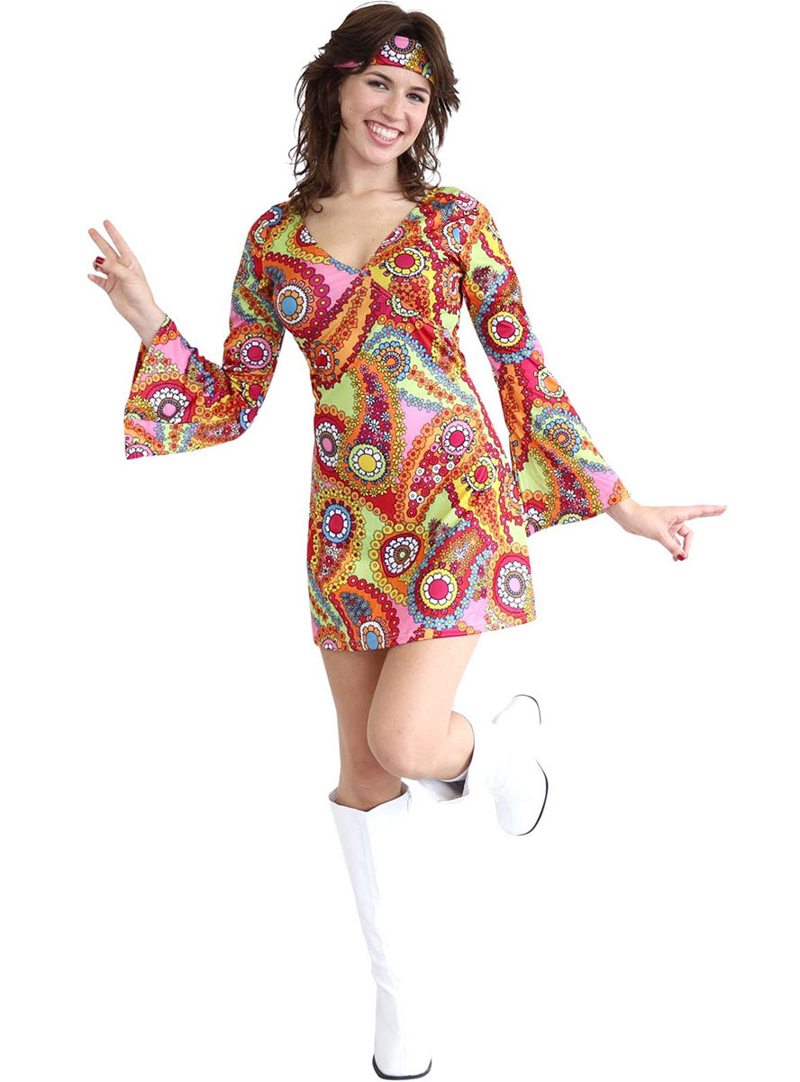 60s Paisley Print Womens Rainbow Hippie Costume - Main Image
