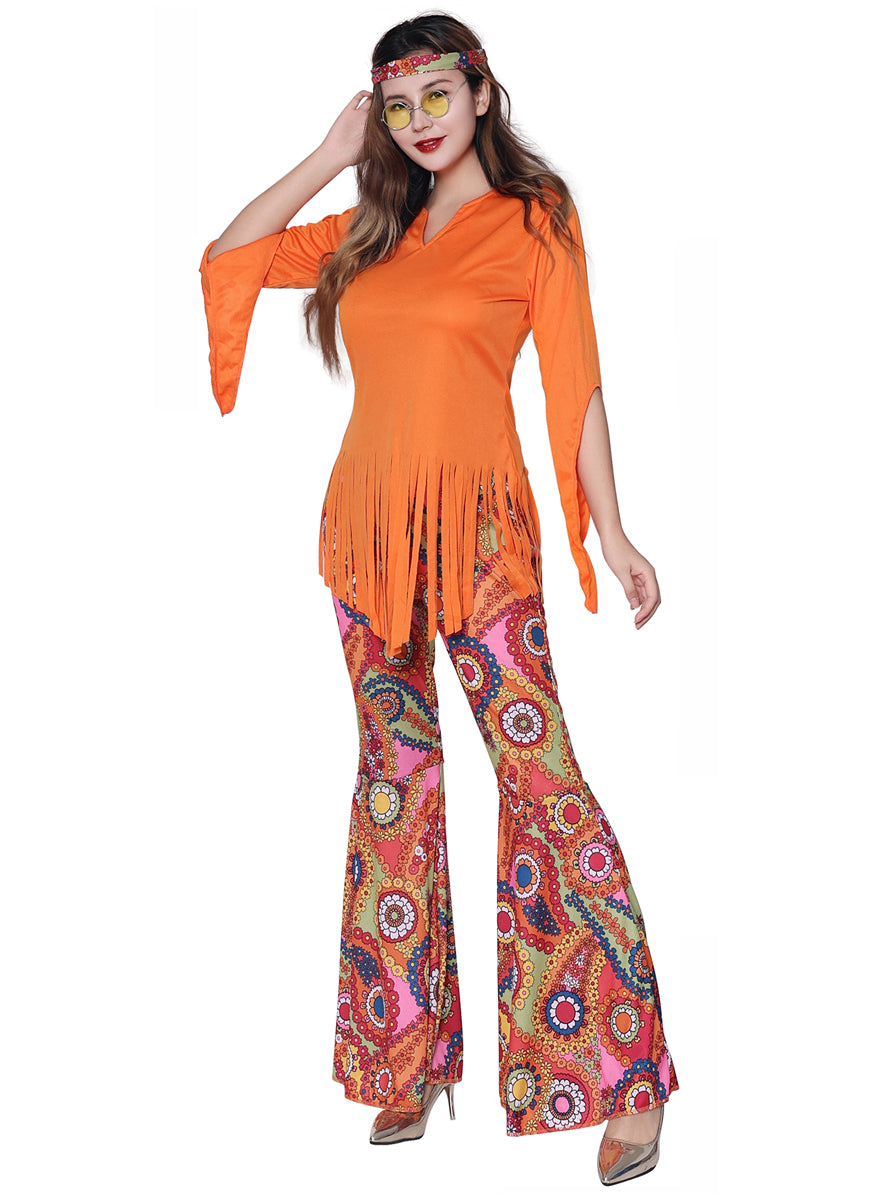 Orange Rainbow Womens 70s Hippie Costume With Flared Pants - Front Image