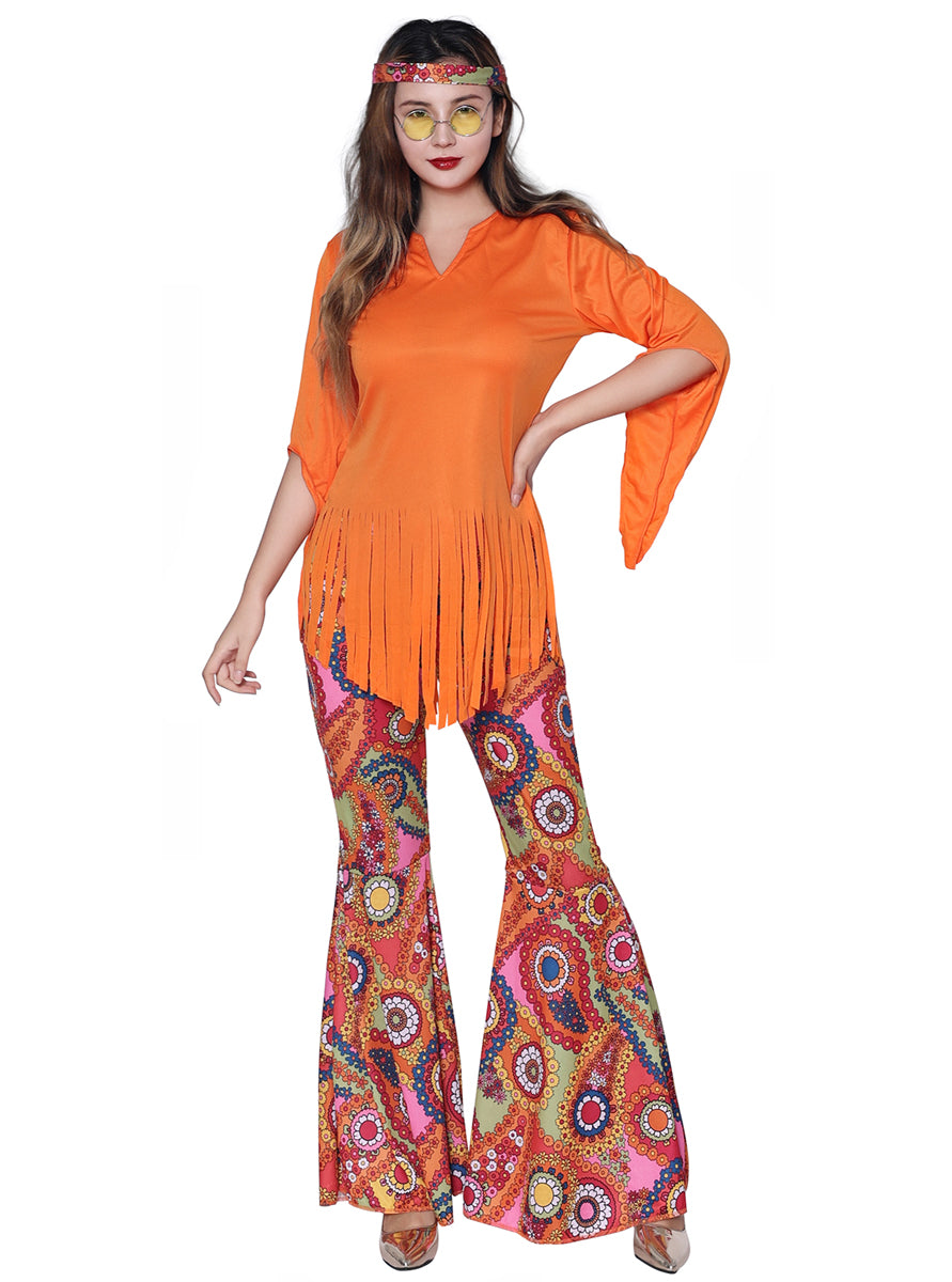Orange Rainbow Womens 70s Hippie Costume With Flared Pants - Main Image