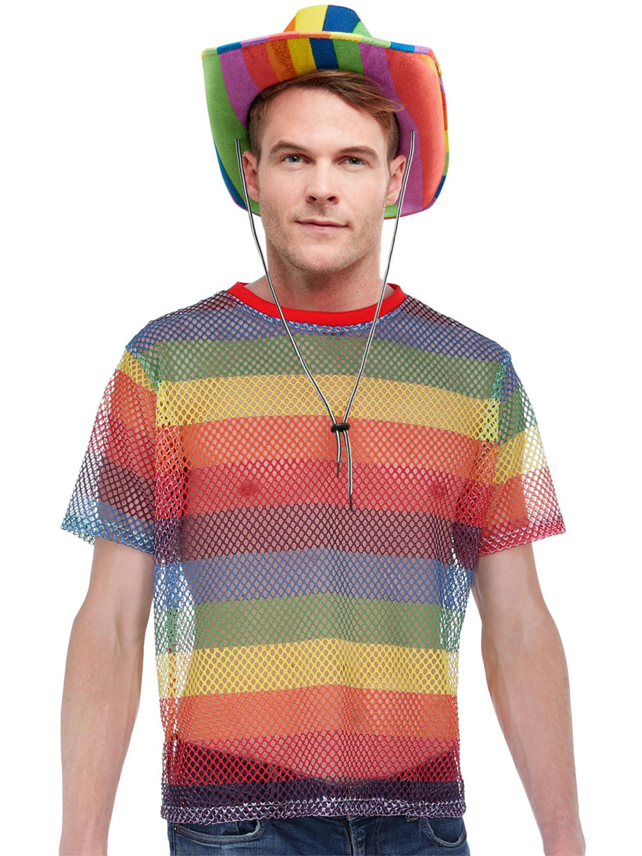 Mens Rainbow Striped Mesh Mardi Gras Costume Top - Main Image