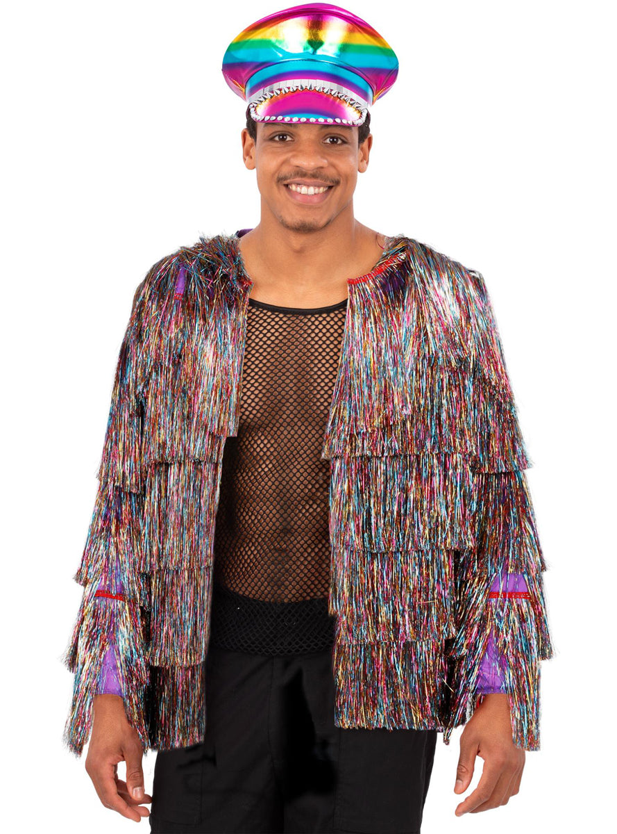 Mens Rainbow Tinsel Festival Costume Jacket - Main Image